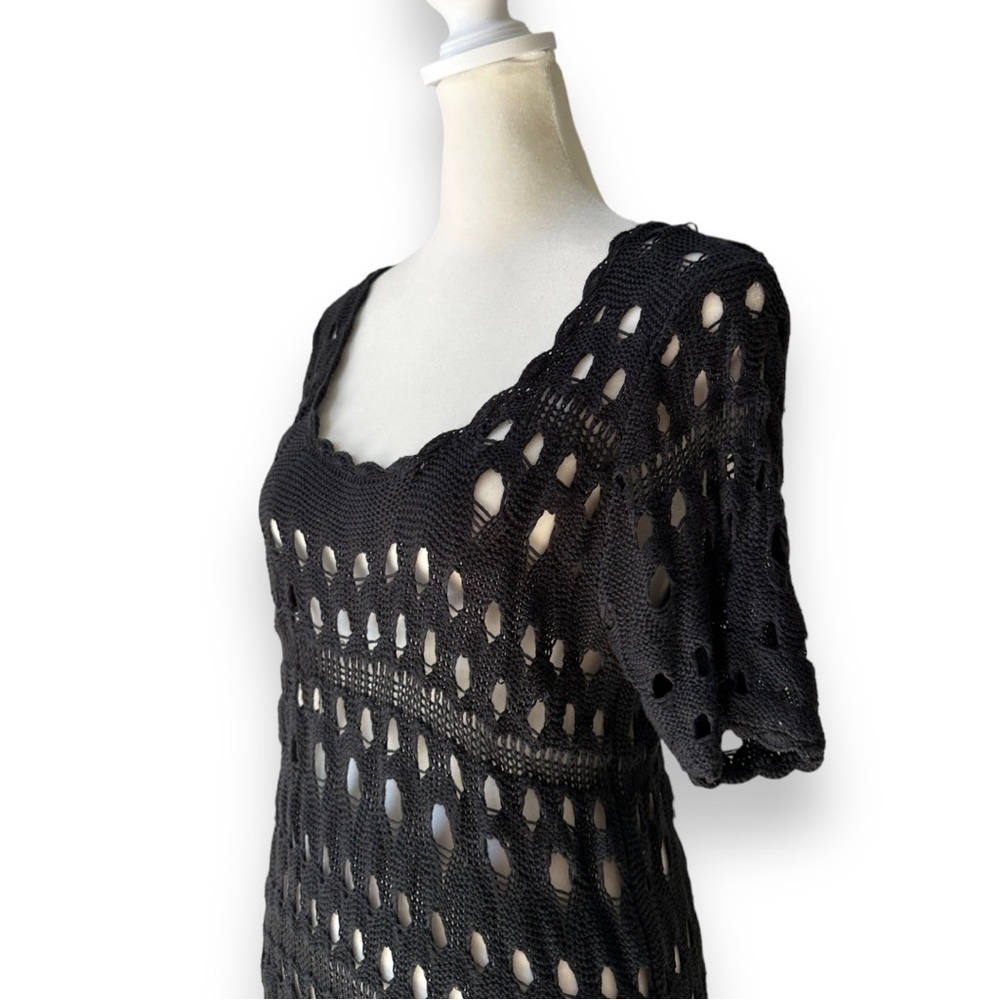 New Kial Black Crochet Knit Short Sleeve Midi Dress or Swim Cover | Large - Picture 5 of 12